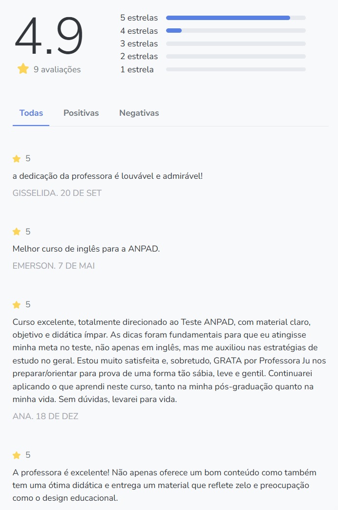 Avaliações curso para prova de inglês ANPAD